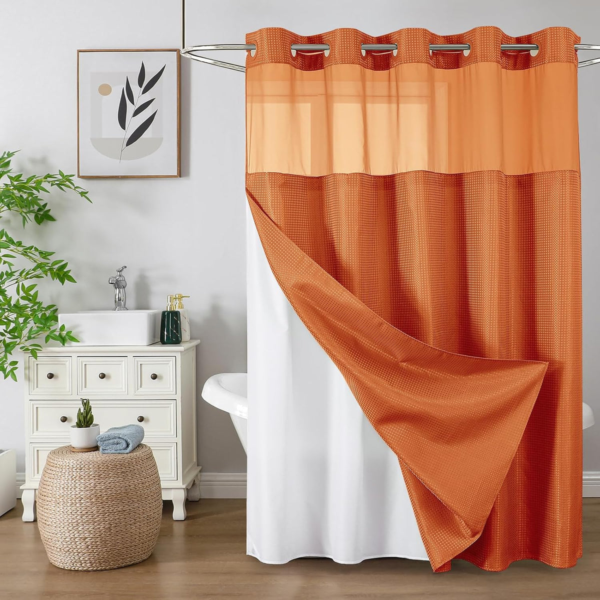 Sage Green No Hook Waffle Shower Curtain Set, 72 x 75 Inch