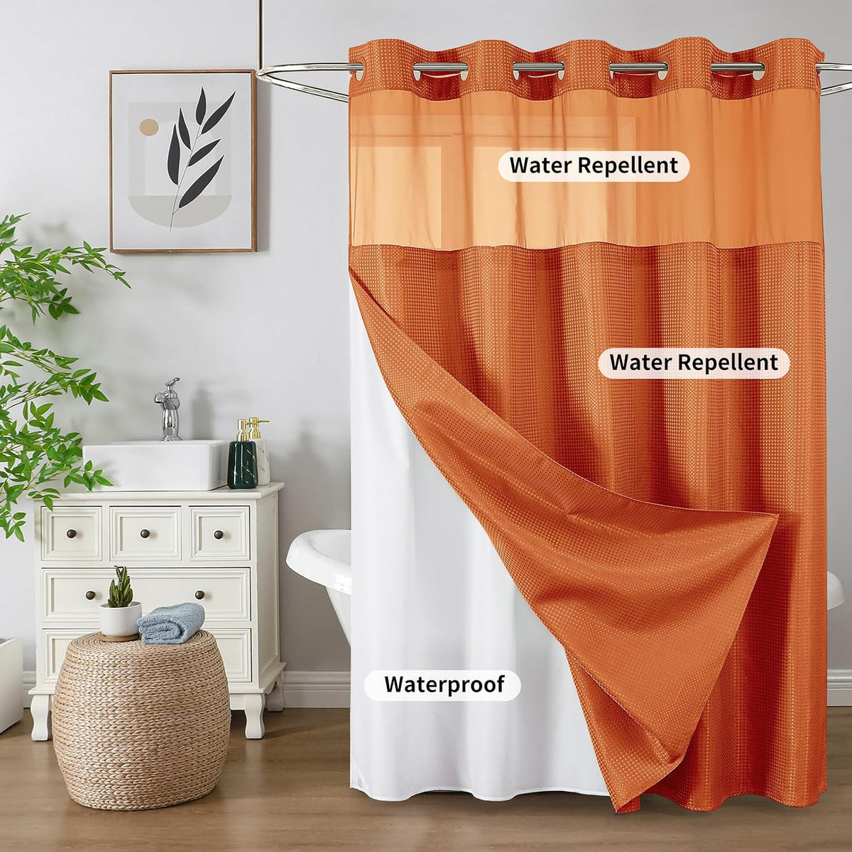 Sage Green No Hook Waffle Shower Curtain Set, 72 x 75 Inch
