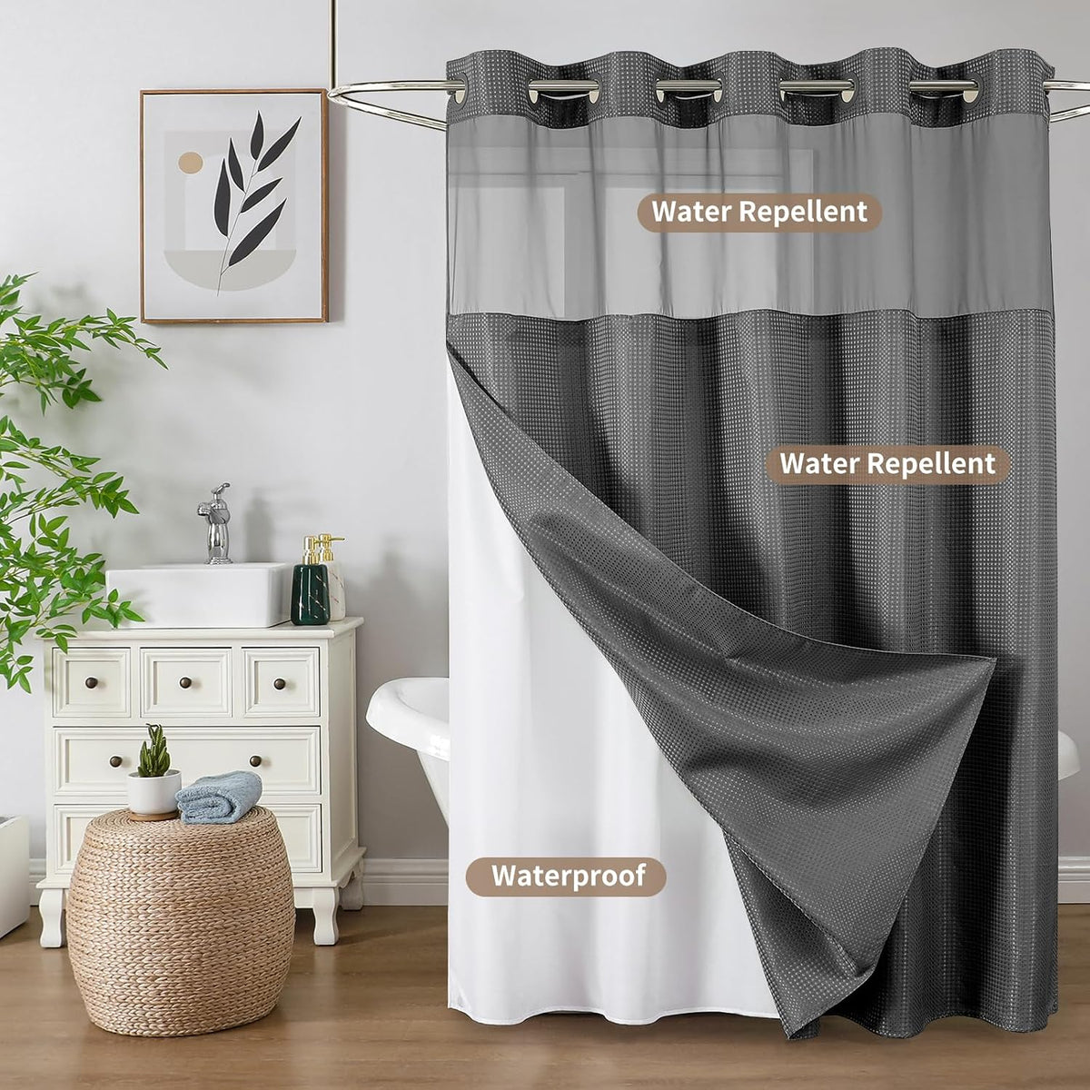 Sage Green No Hook Waffle Shower Curtain Set, 72 x 75 Inch