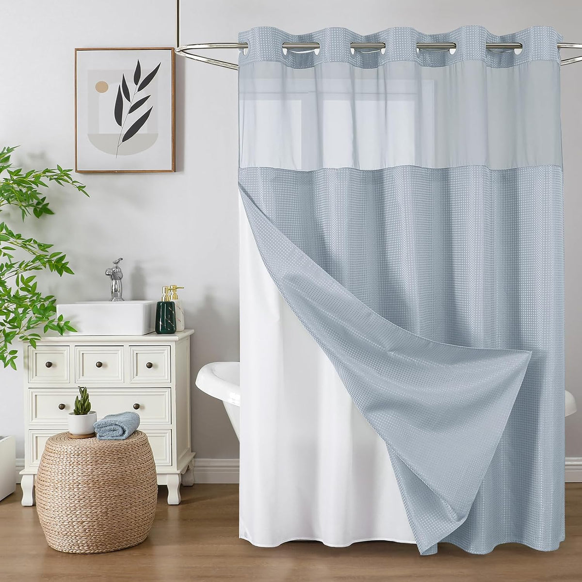 Sage Green No Hook Waffle Shower Curtain Set, 72 x 75 Inch