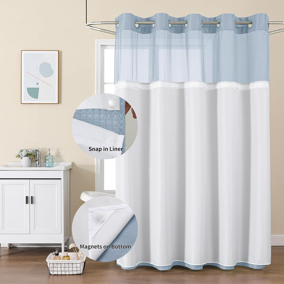 Sage Green No Hook Waffle Shower Curtain Set, 72 x 75 Inch