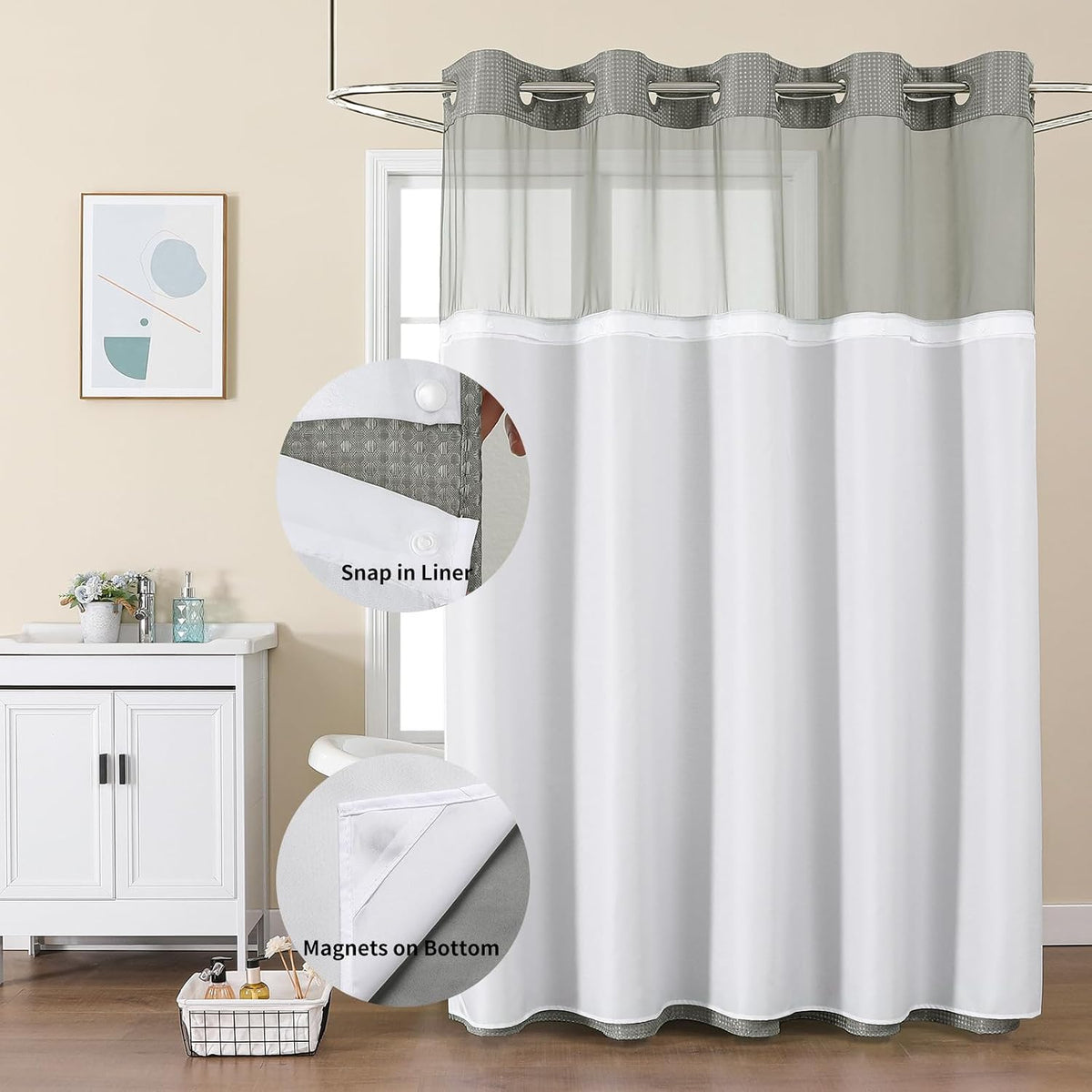 Sage Green No Hook Waffle Shower Curtain Set, 72 x 75 Inch