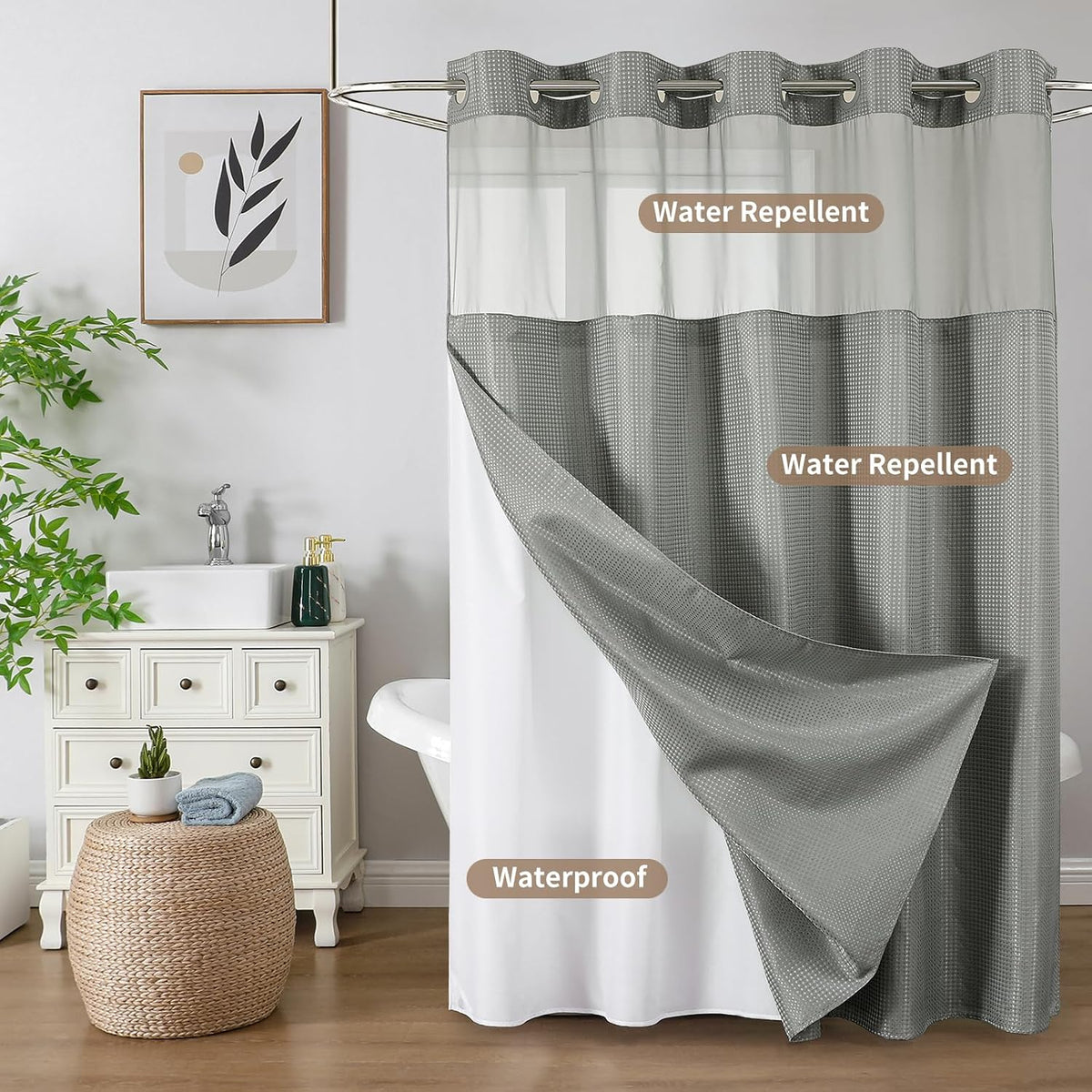 Sage Green No Hook Waffle Shower Curtain Set, 72 x 75 Inch