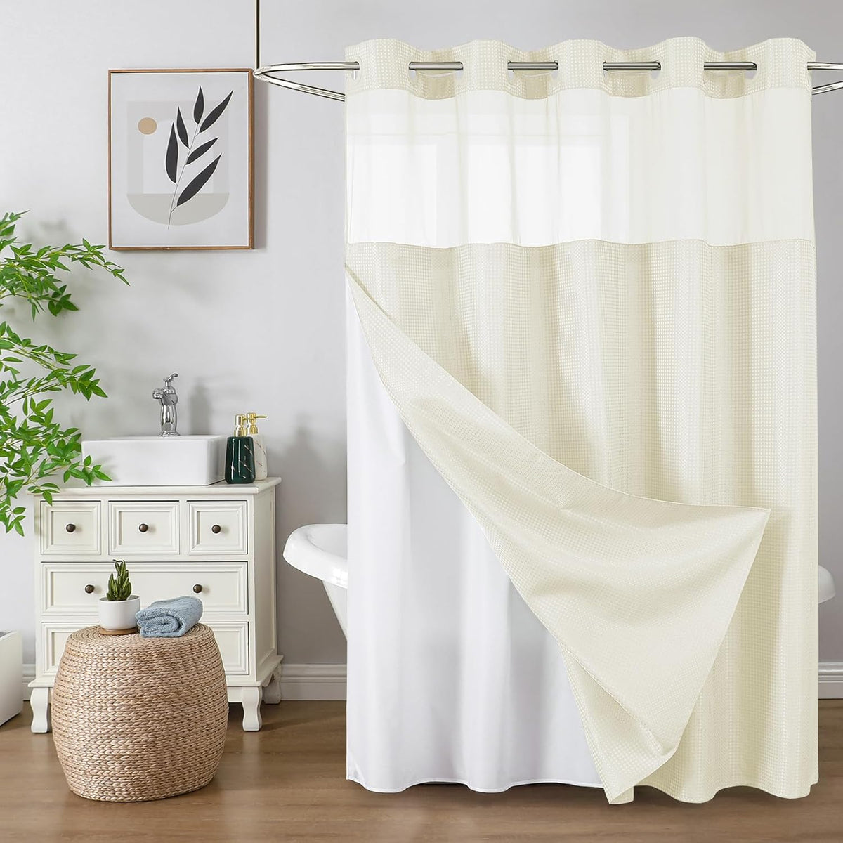 Sage Green No Hook Waffle Shower Curtain Set, 72 x 75 Inch