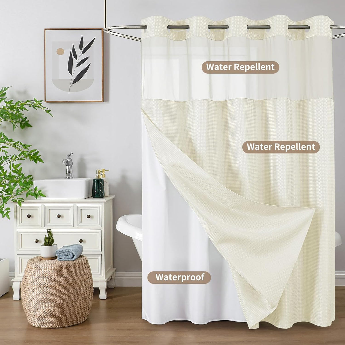 Sage Green No Hook Waffle Shower Curtain Set, 72 x 75 Inch
