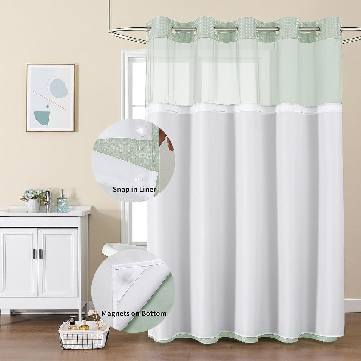 Sage Green No Hook Waffle Shower Curtain Set, 72 x 75 Inch