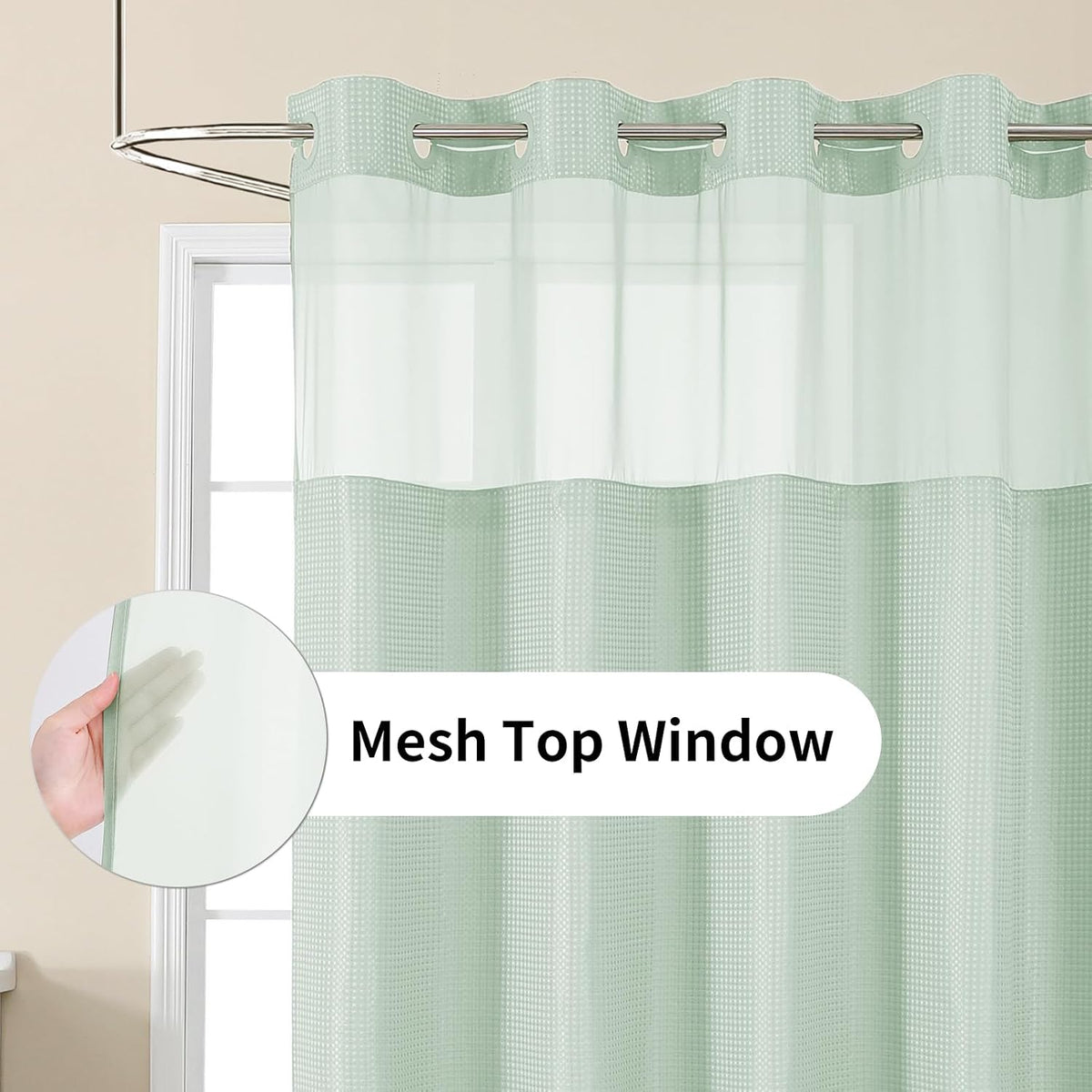 Sage Green No Hook Waffle Shower Curtain Set, 72 x 75 Inch