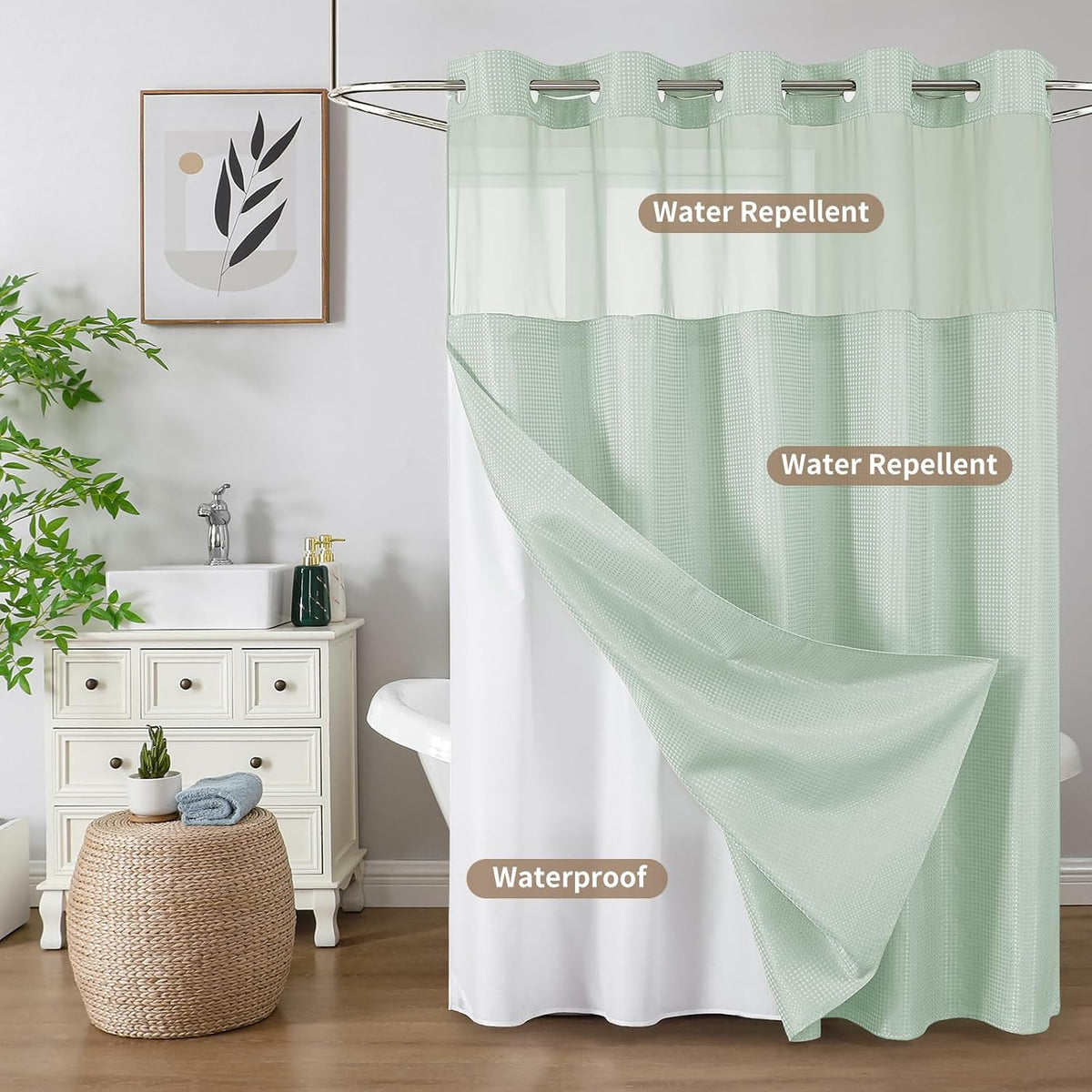 Sage Green No Hook Waffle Shower Curtain Set, 72 x 75 Inch