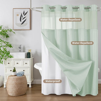 Sage Green No Hook Waffle Shower Curtain Set, 72 x 75 Inch
