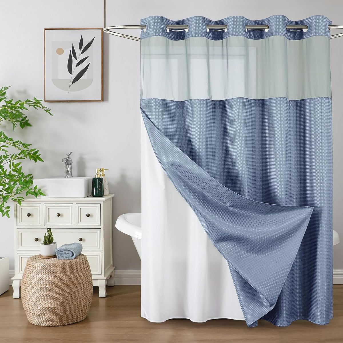 Sage Green No Hook Waffle Shower Curtain Set, 72 x 75 Inch