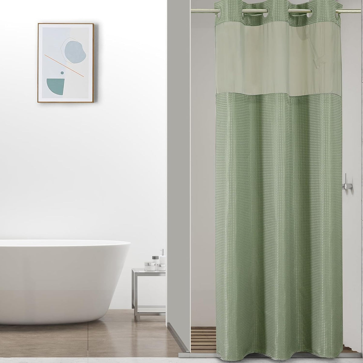 Sage Green No Hook Waffle Shower Curtain Set, 72 x 75 Inch
