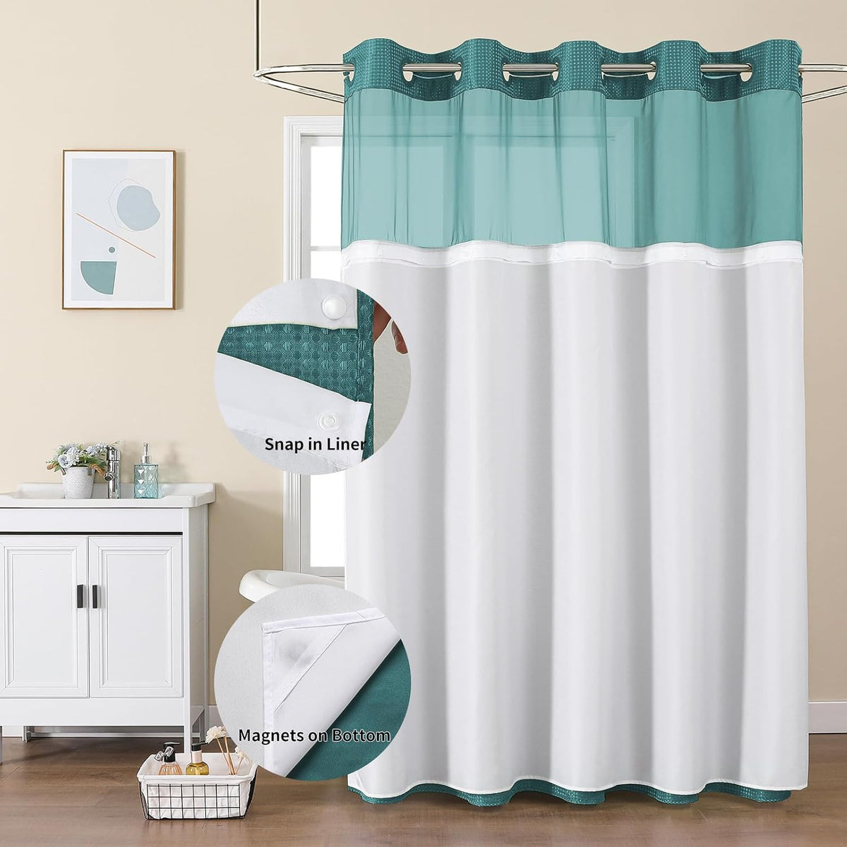 Sage Green No Hook Waffle Shower Curtain Set, 72 x 75 Inch