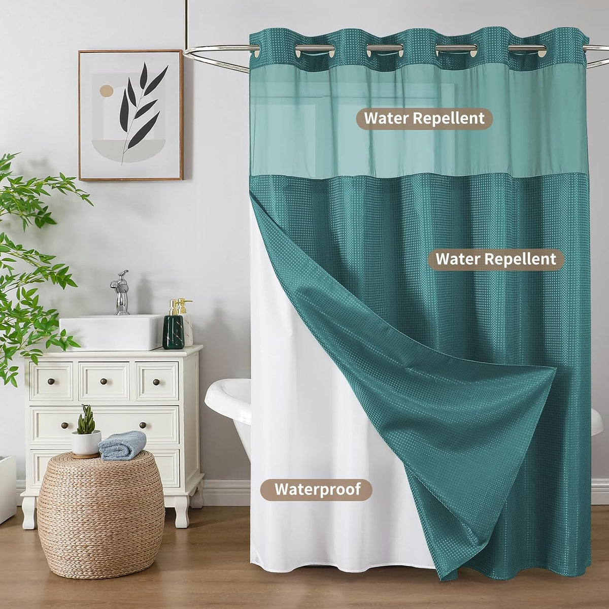 Sage Green No Hook Waffle Shower Curtain Set, 72 x 75 Inch