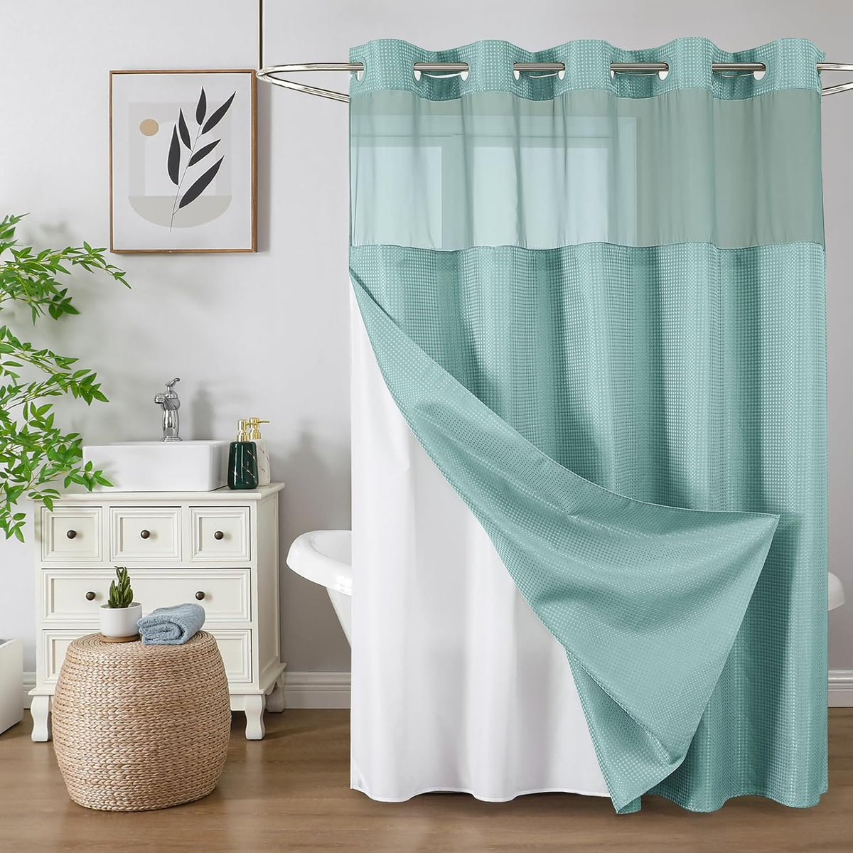 Sage Green No Hook Waffle Shower Curtain Set, 72 x 75 Inch
