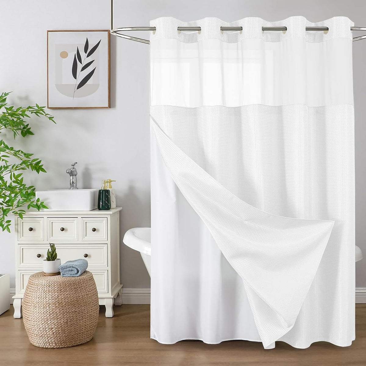 Sage Green No Hook Waffle Shower Curtain Set, 72 x 75 Inch