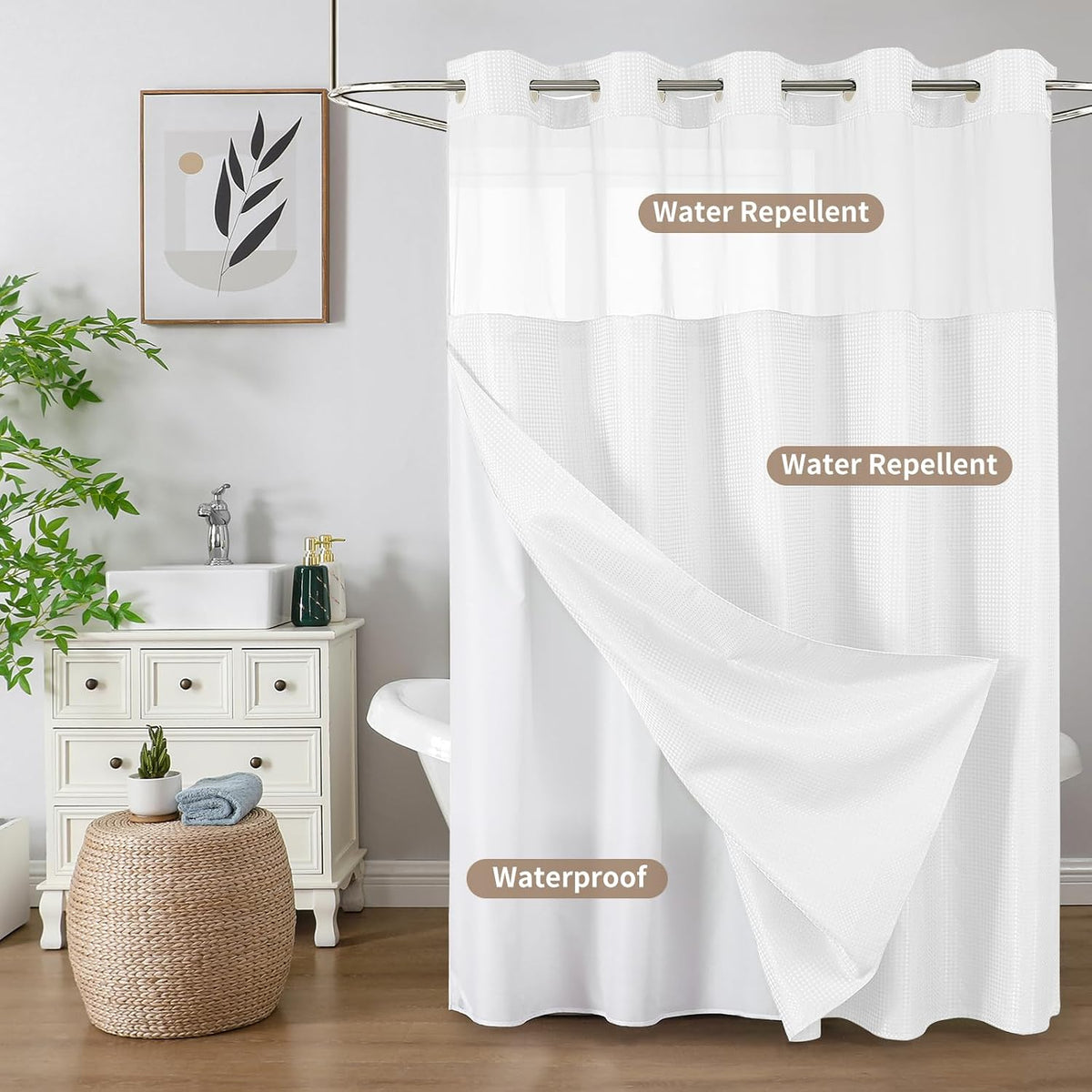 Sage Green No Hook Waffle Shower Curtain Set, 72 x 75 Inch