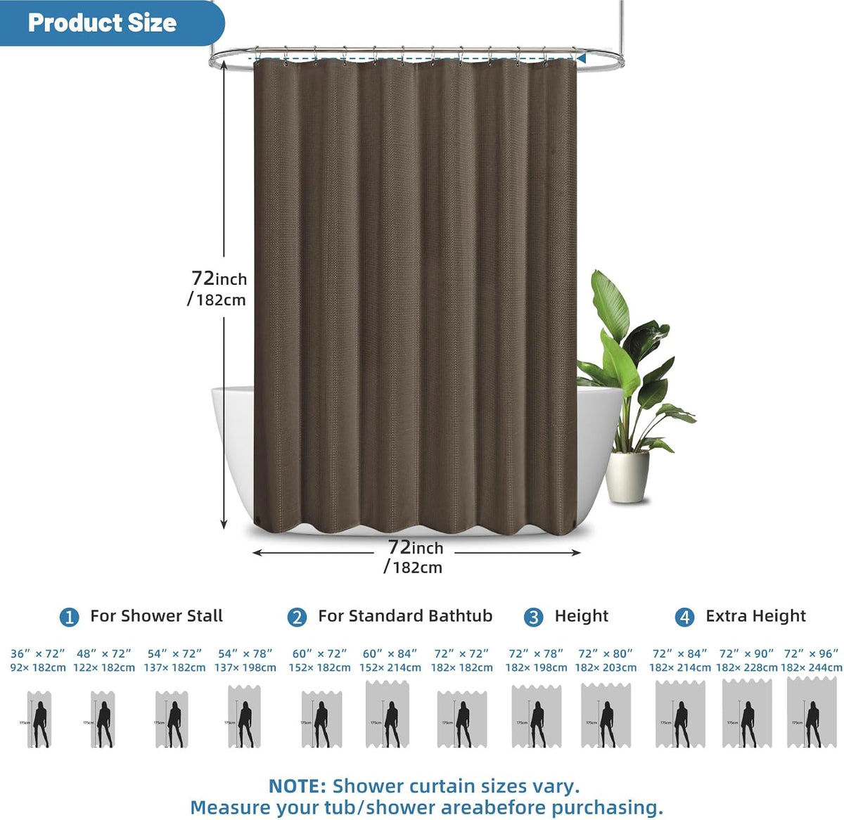 2-in-1 Waterproof Fabric Shower Curtain - No Separate Liner Needed, Hotel-Style Waffle Weave, Effortless Cleaning & Washable Bathroom Shower Curtain Set,72Wx72H,White