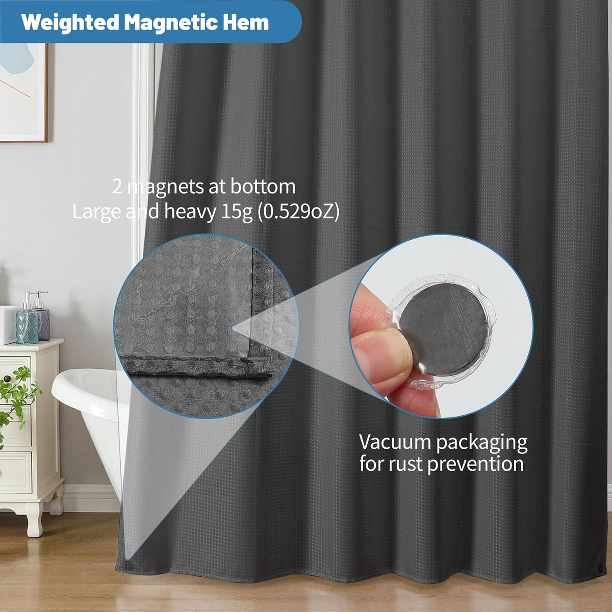 2-in-1 Waterproof Fabric Shower Curtain - No Separate Liner Needed, Hotel-Style Waffle Weave, Effortless Cleaning & Washable Bathroom Shower Curtain Set,72Wx72H,White