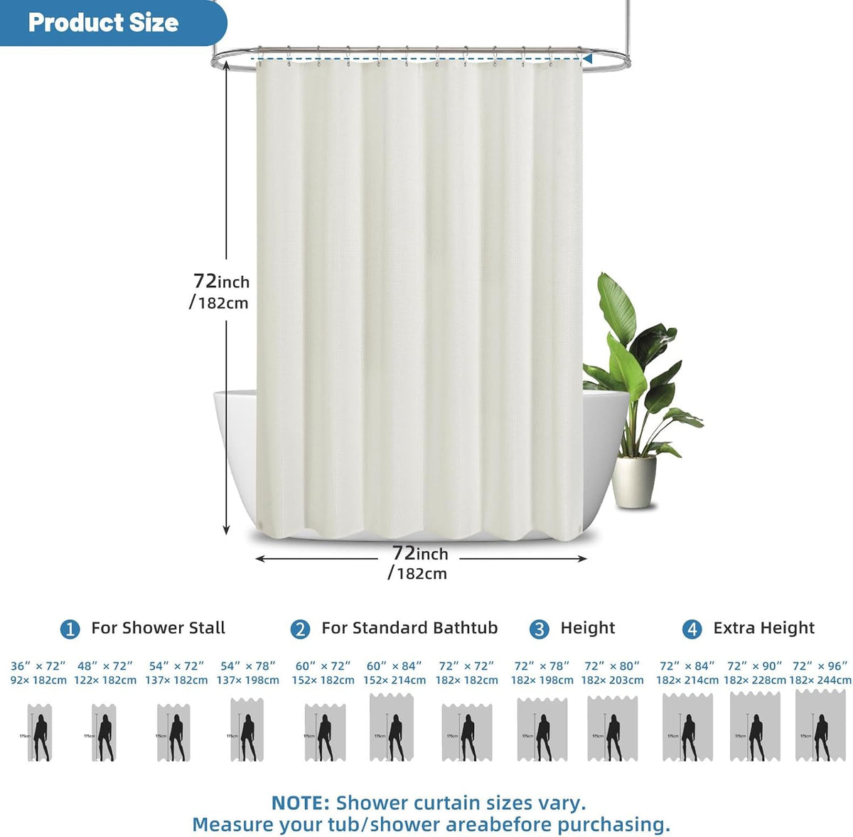 2-in-1 Waterproof Fabric Shower Curtain - No Separate Liner Needed, Hotel-Style Waffle Weave, Effortless Cleaning & Washable Bathroom Shower Curtain Set,72Wx72H,White