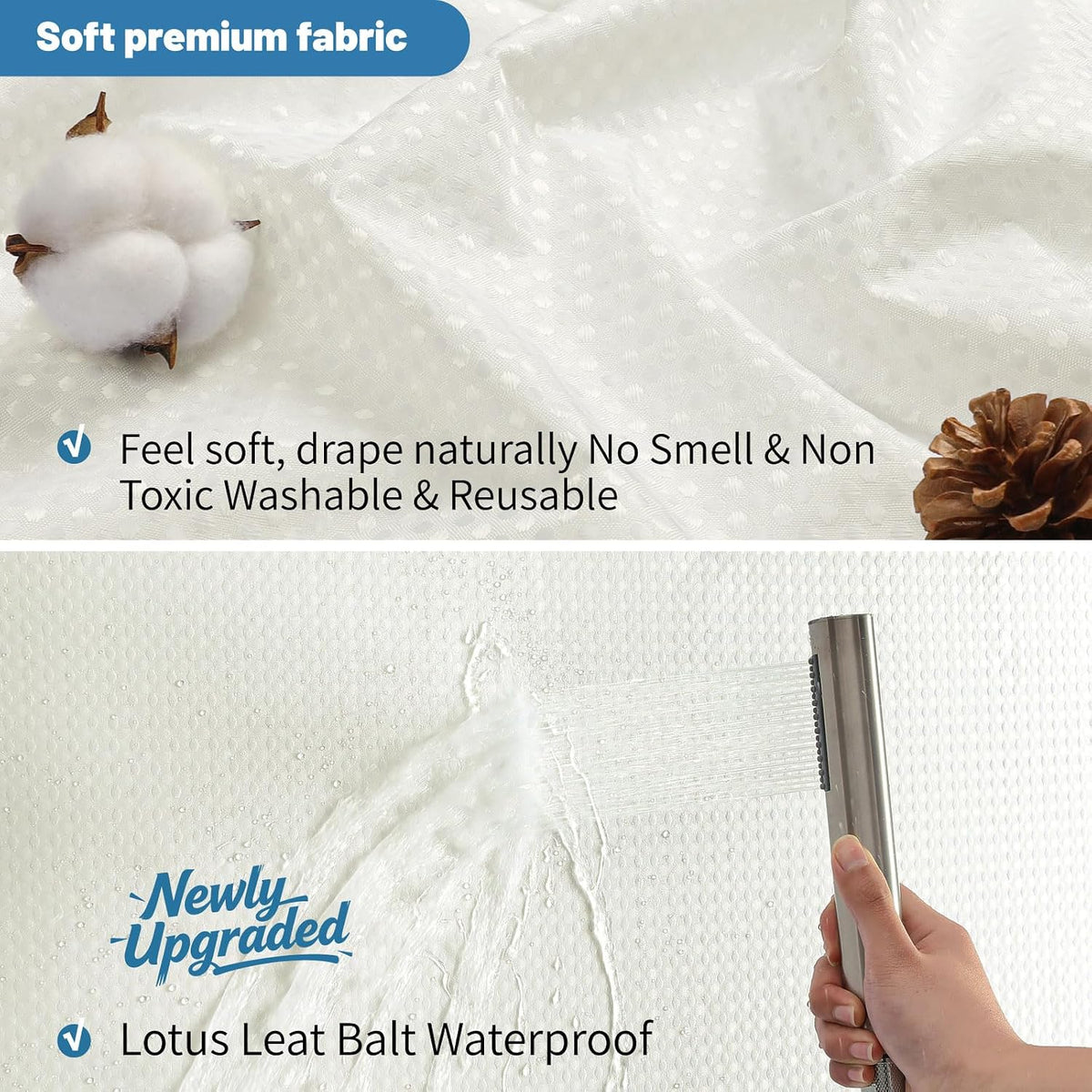 2-in-1 Waterproof Fabric Shower Curtain - No Separate Liner Needed, Hotel-Style Waffle Weave, Effortless Cleaning & Washable Bathroom Shower Curtain Set,72Wx72H,White