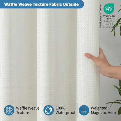 2-in-1 Waterproof Fabric Shower Curtain - No Separate Liner Needed, Hotel-Style Waffle Weave, Effortless Cleaning & Washable Bathroom Shower Curtain Set,72Wx72H,White