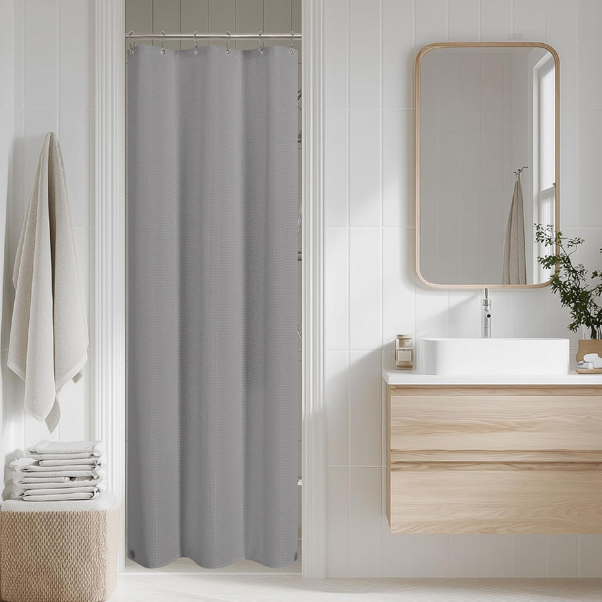 2-in-1 Waterproof Fabric Shower Curtain - No Separate Liner Needed, Hotel-Style Waffle Weave, Effortless Cleaning & Washable Bathroom Shower Curtain Set,72Wx72H,White