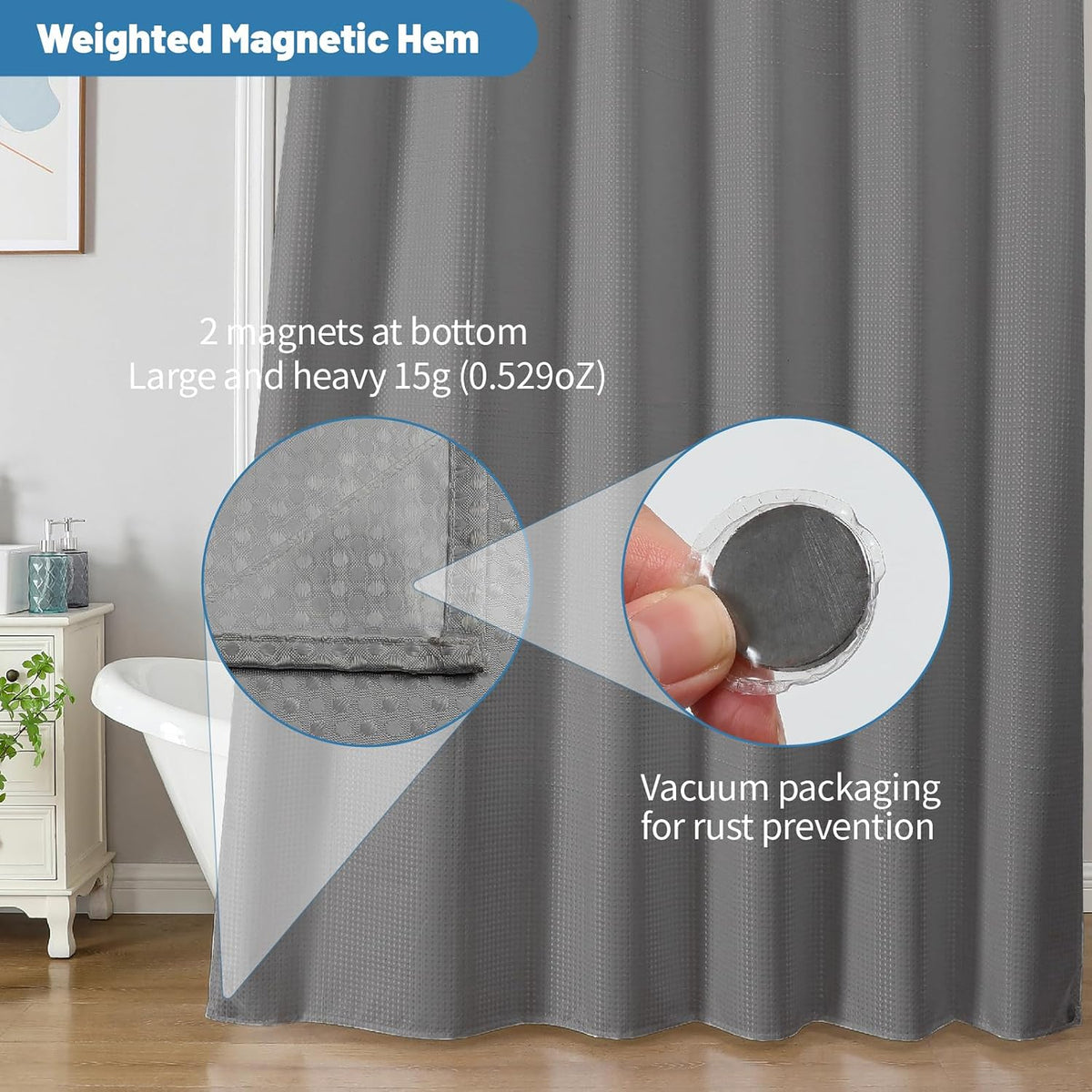 2-in-1 Waterproof Fabric Shower Curtain - No Separate Liner Needed, Hotel-Style Waffle Weave, Effortless Cleaning & Washable Bathroom Shower Curtain Set,72Wx72H,White