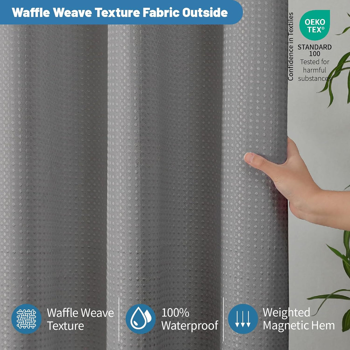 2-in-1 Waterproof Fabric Shower Curtain - No Separate Liner Needed, Hotel-Style Waffle Weave, Effortless Cleaning & Washable Bathroom Shower Curtain Set,72Wx72H,White