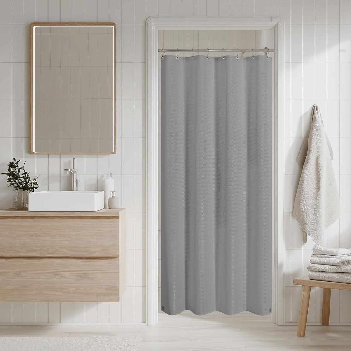 2-in-1 Waterproof Fabric Shower Curtain - No Separate Liner Needed, Hotel-Style Waffle Weave, Effortless Cleaning & Washable Bathroom Shower Curtain Set,72Wx72H,White