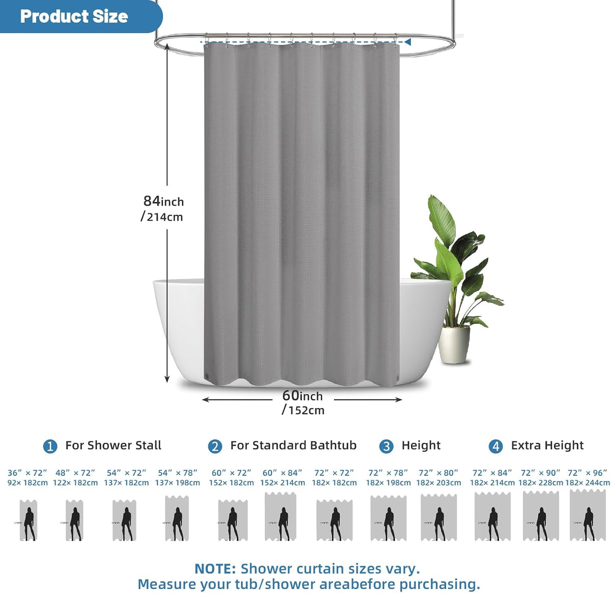 2-in-1 Waterproof Fabric Shower Curtain - No Separate Liner Needed, Hotel-Style Waffle Weave, Effortless Cleaning & Washable Bathroom Shower Curtain Set,72Wx72H,White