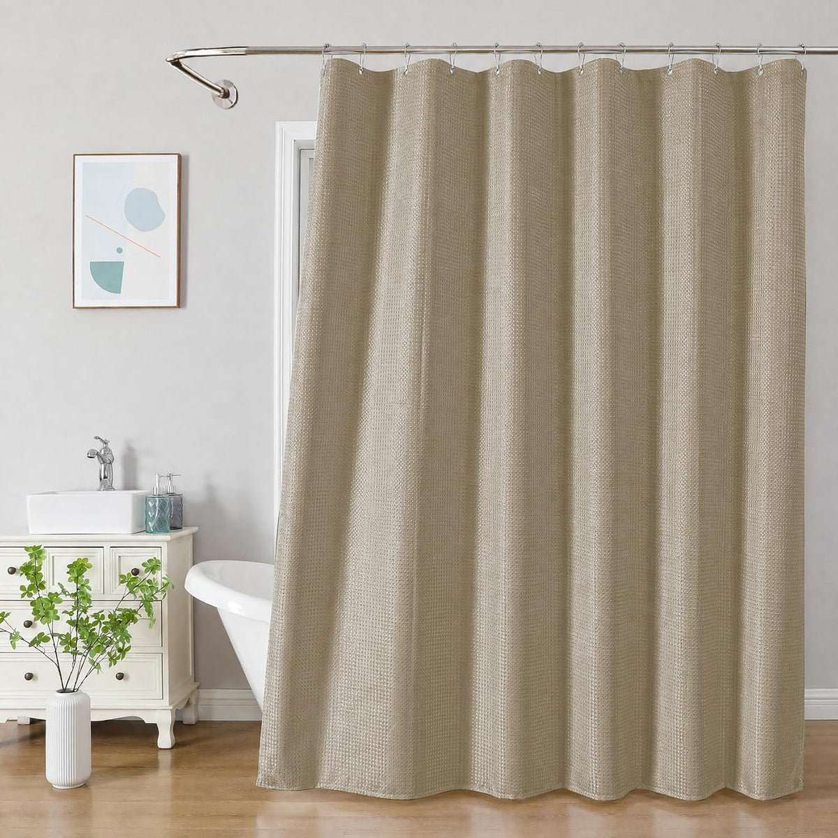 2-in-1 Waterproof Fabric Shower Curtain - No Separate Liner Needed, Hotel-Style Waffle Weave, Effortless Cleaning & Washable Bathroom Shower Curtain Set,72Wx72H,White