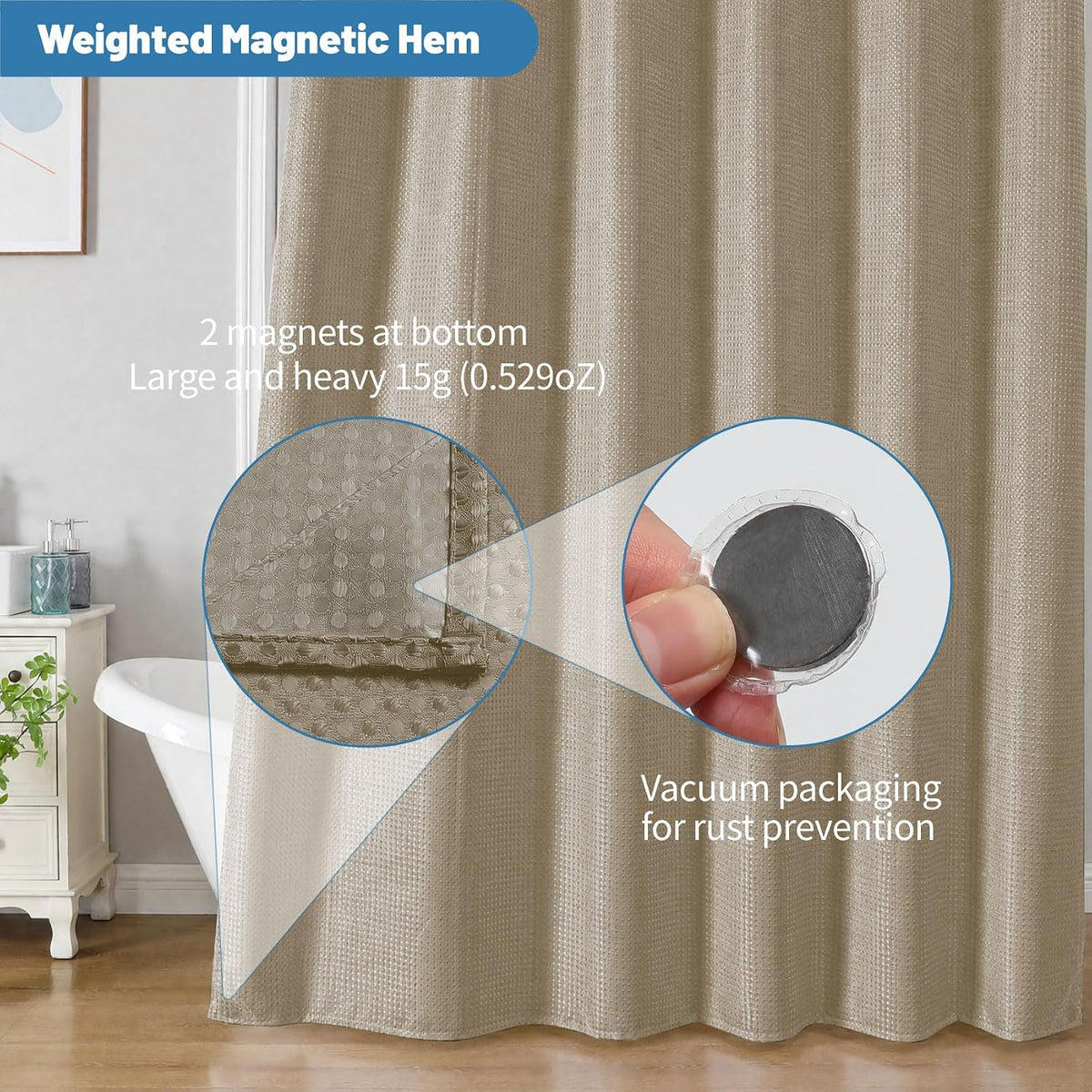 2-in-1 Waterproof Fabric Shower Curtain - No Separate Liner Needed, Hotel-Style Waffle Weave, Effortless Cleaning & Washable Bathroom Shower Curtain Set,72Wx72H,White