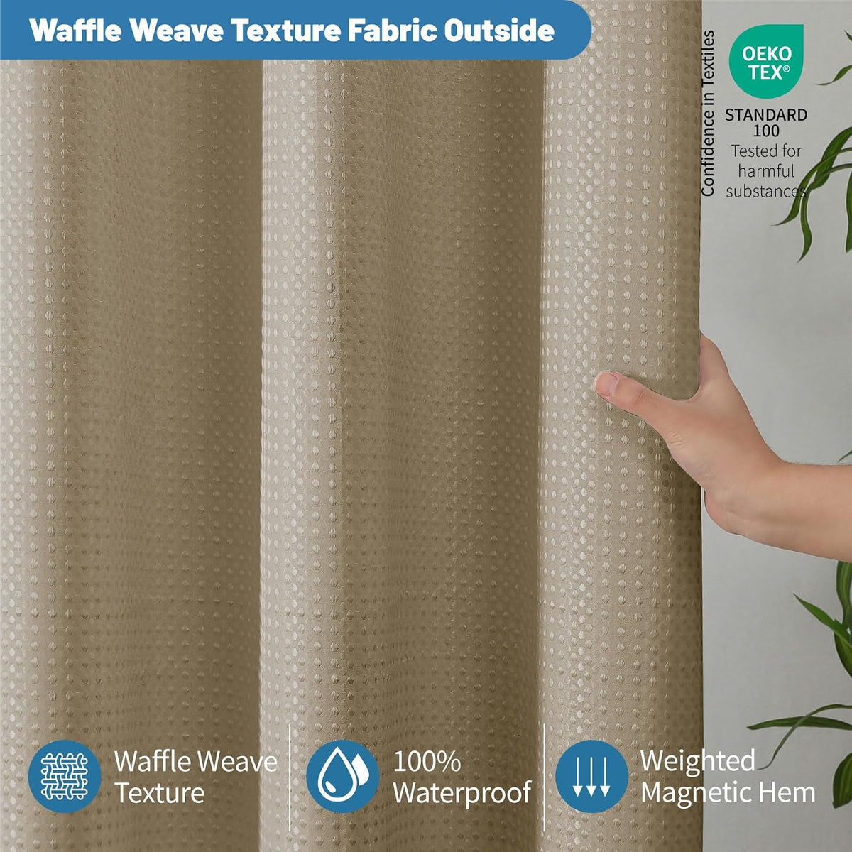 2-in-1 Waterproof Fabric Shower Curtain - No Separate Liner Needed, Hotel-Style Waffle Weave, Effortless Cleaning & Washable Bathroom Shower Curtain Set,72Wx72H,White