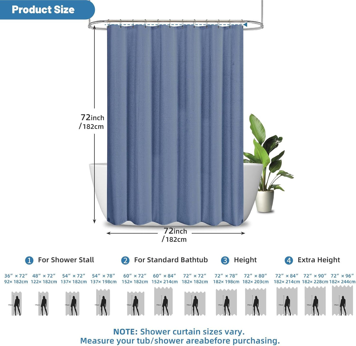2-in-1 Waterproof Fabric Shower Curtain - No Separate Liner Needed, Hotel-Style Waffle Weave, Effortless Cleaning & Washable Bathroom Shower Curtain Set,72Wx72H,White