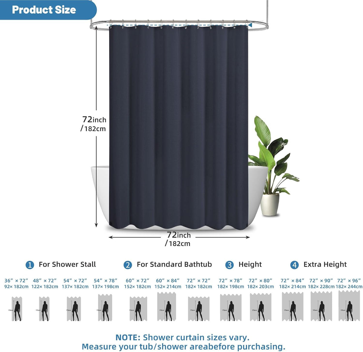 2-in-1 Waterproof Fabric Shower Curtain - No Separate Liner Needed, Hotel-Style Waffle Weave, Effortless Cleaning & Washable Bathroom Shower Curtain Set,72Wx72H,White