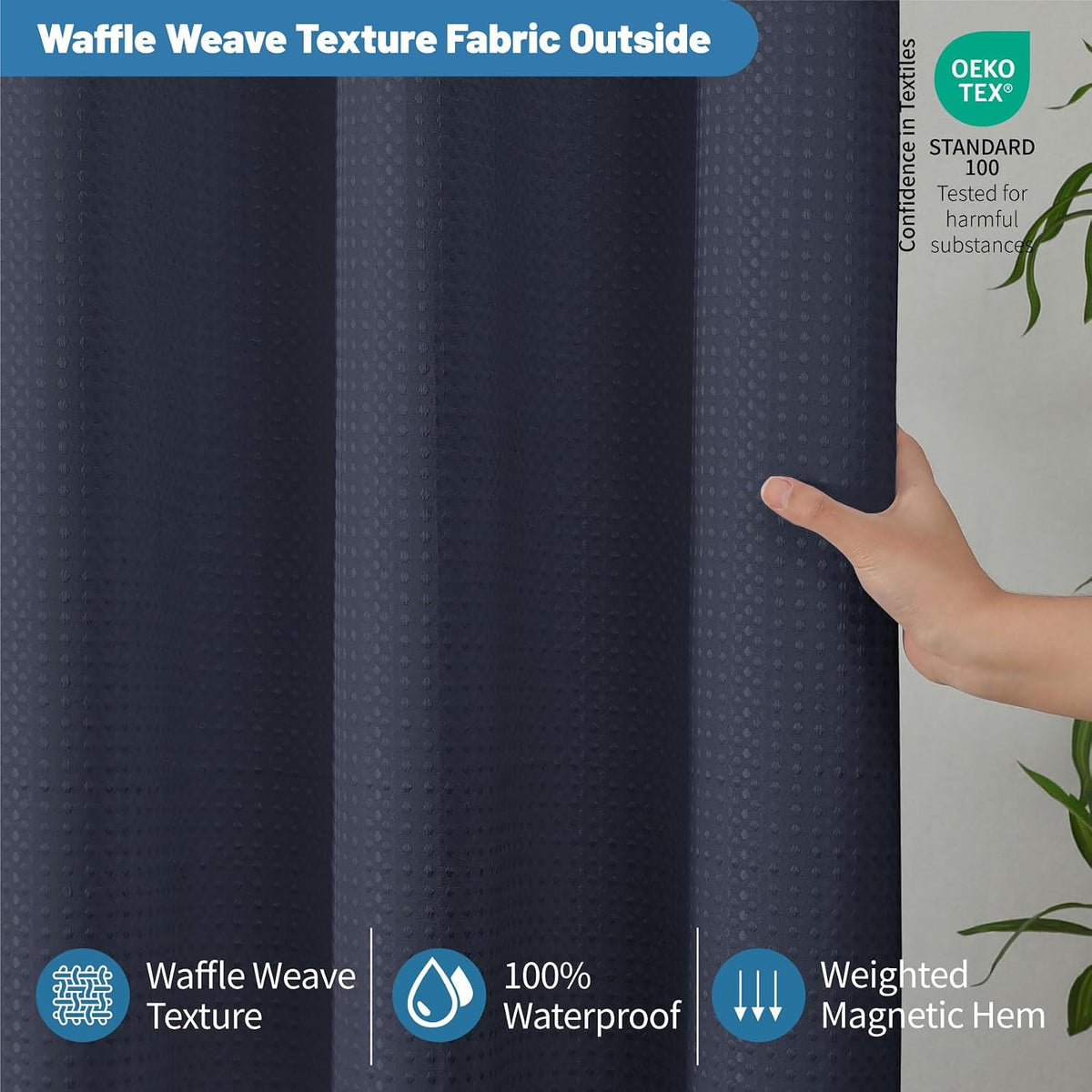 2-in-1 Waterproof Fabric Shower Curtain - No Separate Liner Needed, Hotel-Style Waffle Weave, Effortless Cleaning & Washable Bathroom Shower Curtain Set,72Wx72H,White