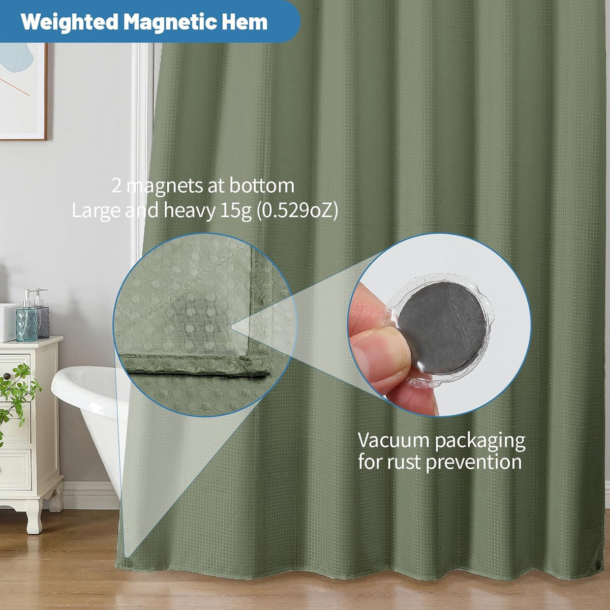 2-in-1 Waterproof Fabric Shower Curtain - No Separate Liner Needed, Hotel-Style Waffle Weave, Effortless Cleaning & Washable Bathroom Shower Curtain Set,72Wx72H,White