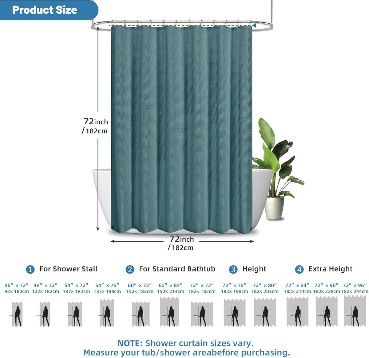 2-in-1 Waterproof Fabric Shower Curtain - No Separate Liner Needed, Hotel-Style Waffle Weave, Effortless Cleaning & Washable Bathroom Shower Curtain Set,72Wx72H,White