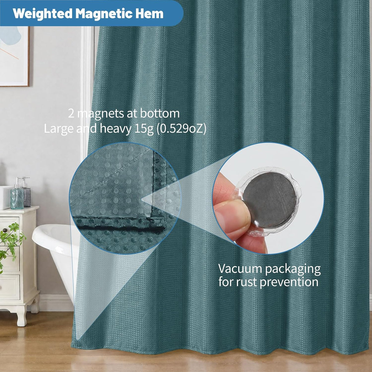 2-in-1 Waterproof Fabric Shower Curtain - No Separate Liner Needed, Hotel-Style Waffle Weave, Effortless Cleaning & Washable Bathroom Shower Curtain Set,72Wx72H,White