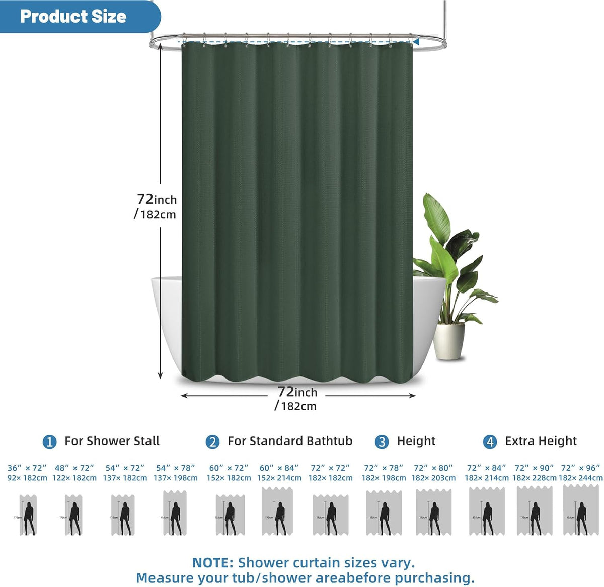 2-in-1 Waterproof Fabric Shower Curtain - No Separate Liner Needed, Hotel-Style Waffle Weave, Effortless Cleaning & Washable Bathroom Shower Curtain Set,72Wx72H,White