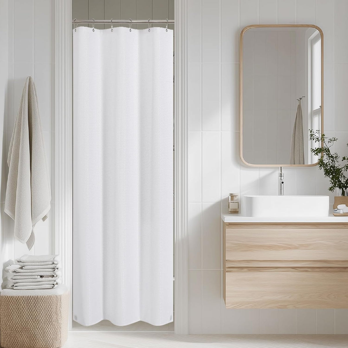 2-in-1 Waterproof Fabric Shower Curtain - No Separate Liner Needed, Hotel-Style Waffle Weave, Effortless Cleaning & Washable Bathroom Shower Curtain Set,72Wx72H,White