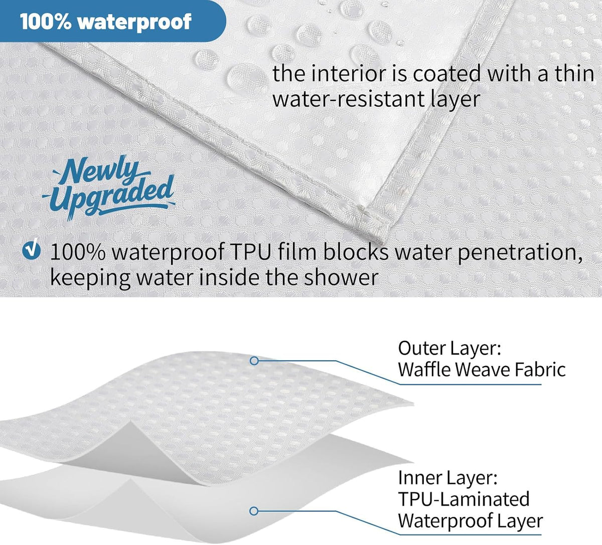 2-in-1 Waterproof Fabric Shower Curtain - No Separate Liner Needed, Hotel-Style Waffle Weave, Effortless Cleaning & Washable Bathroom Shower Curtain Set,72Wx72H,White