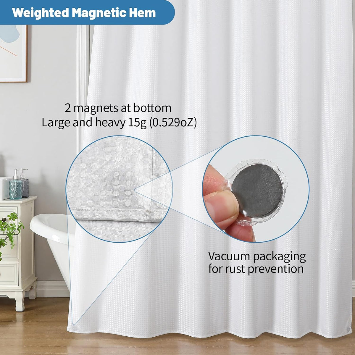 2-in-1 Waterproof Fabric Shower Curtain - No Separate Liner Needed, Hotel-Style Waffle Weave, Effortless Cleaning & Washable Bathroom Shower Curtain Set,72Wx72H,White