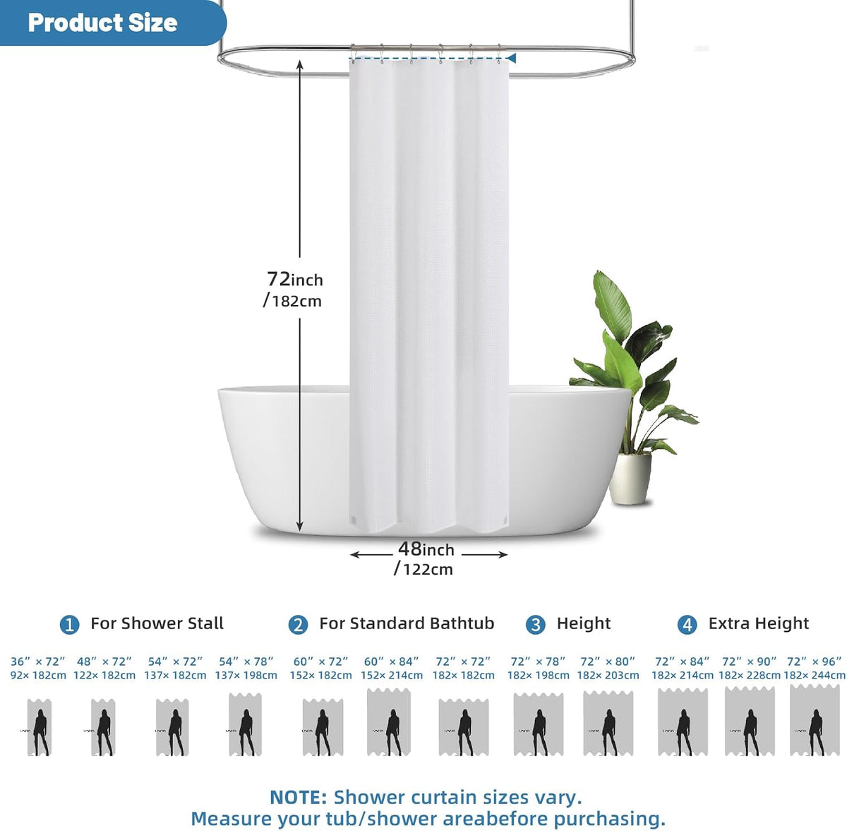 2-in-1 Waterproof Fabric Shower Curtain - No Separate Liner Needed, Hotel-Style Waffle Weave, Effortless Cleaning & Washable Bathroom Shower Curtain Set,72Wx72H,White