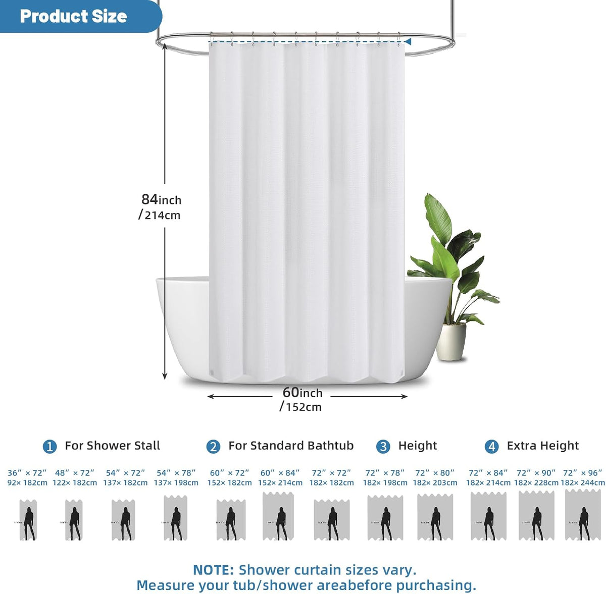 2-in-1 Waterproof Fabric Shower Curtain - No Separate Liner Needed, Hotel-Style Waffle Weave, Effortless Cleaning & Washable Bathroom Shower Curtain Set,72Wx72H,White