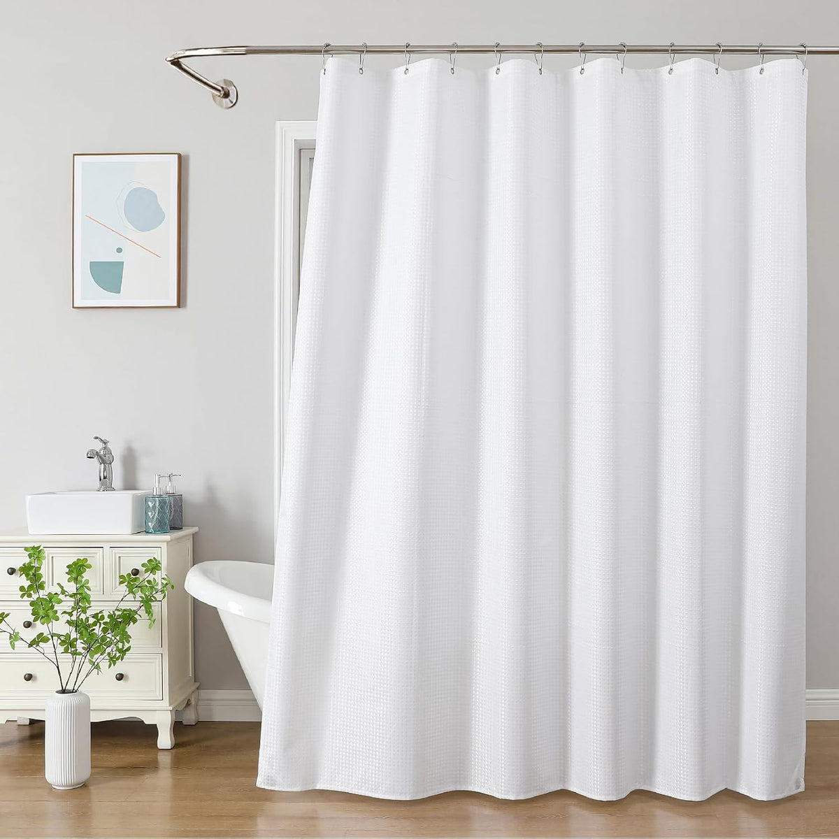 2-in-1 Waterproof Fabric Shower Curtain - No Separate Liner Needed, Hotel-Style Waffle Weave, Effortless Cleaning & Washable Bathroom Shower Curtain Set,72Wx72H,White