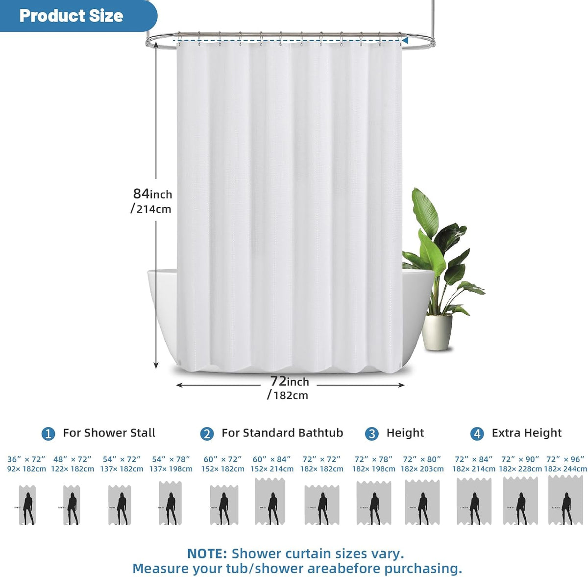 2-in-1 Waterproof Fabric Shower Curtain - No Separate Liner Needed, Hotel-Style Waffle Weave, Effortless Cleaning & Washable Bathroom Shower Curtain Set,72Wx72H,White