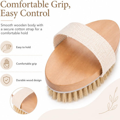 Dry Body Brush 2 Pack, Natural Boar Bristle Exfoliating Brush