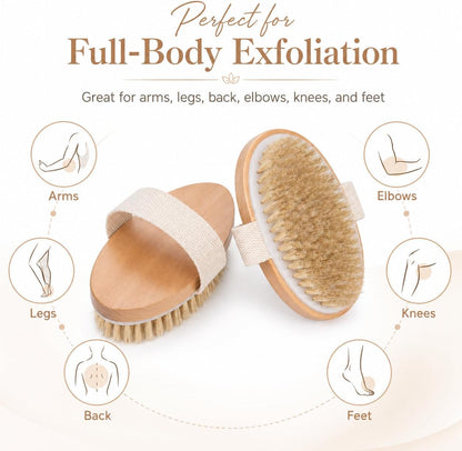 Dry Body Brush 2 Pack, Natural Boar Bristle Exfoliating Brush