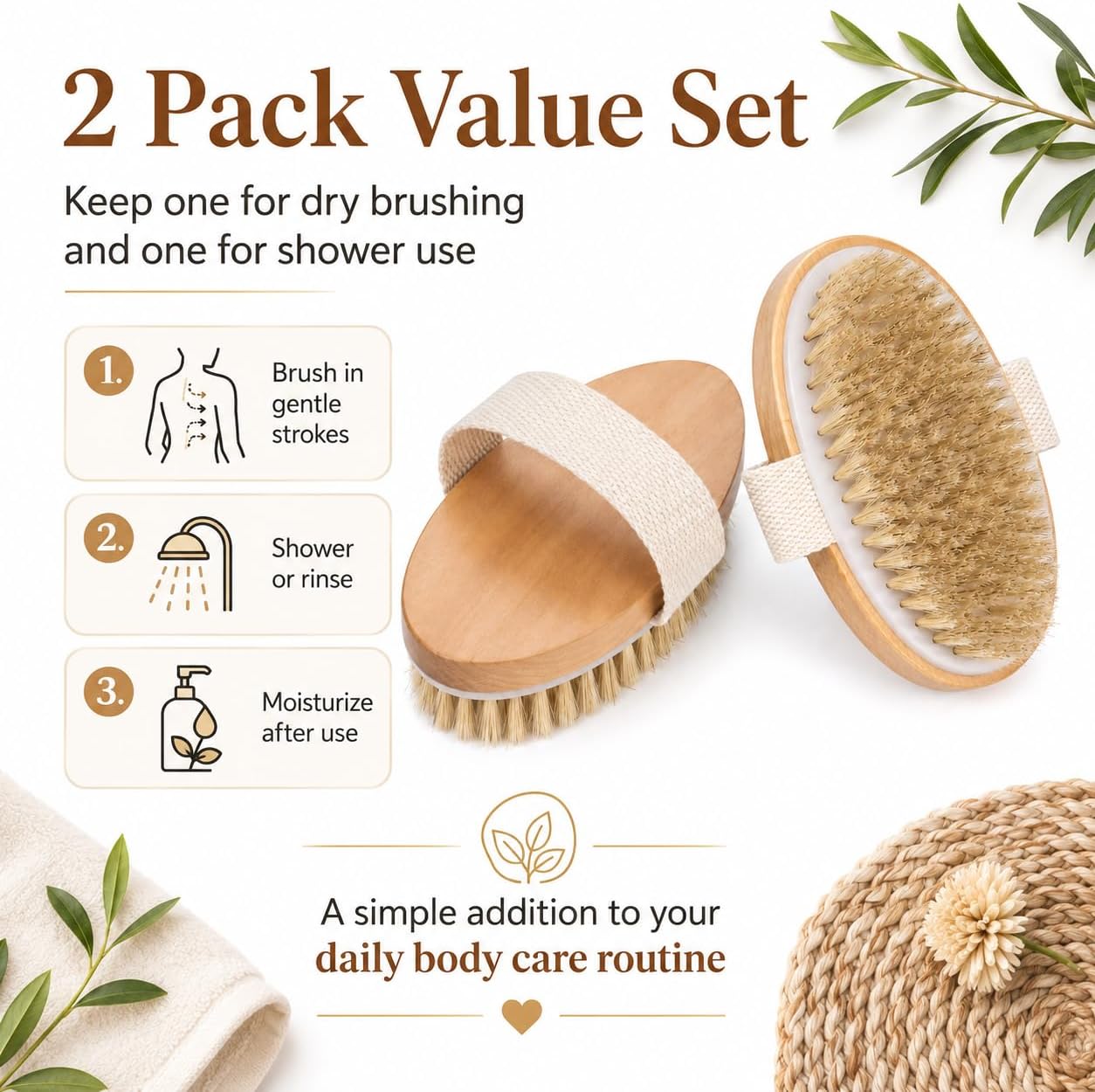 Dry Body Brush 2 Pack, Natural Boar Bristle Exfoliating Brush